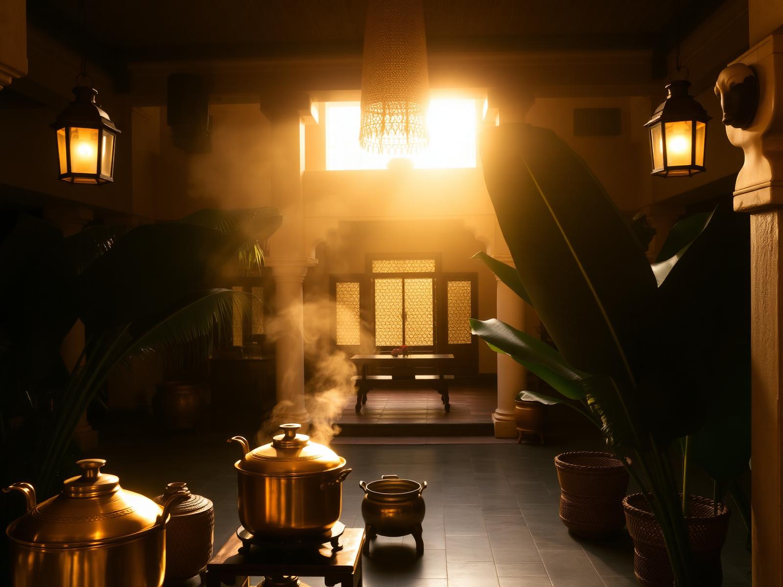 A South Indian courtyard kitchen with brass cookware and hanging lanterns